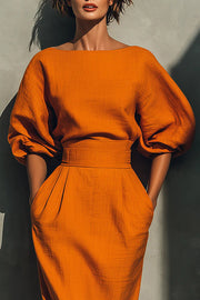 Puff Sleeve High-Waisted Midi Dress with Pockets