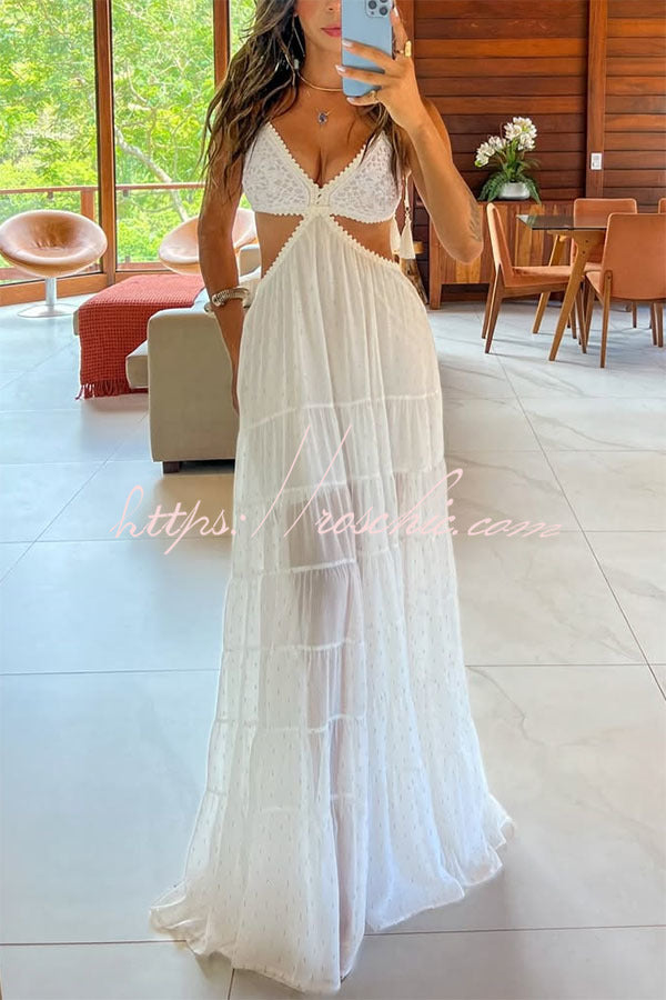 Polka Dot Chiffon Maxi Dress with Crochet Tassel Straps