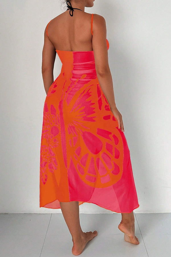 Butterfly Print Color-Block Midi Dress – Resort Cover-Up