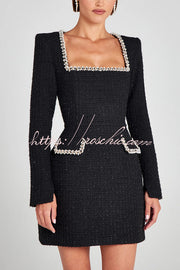 Tweed Pearl Trim Mini Dress with Long Slit Sleeves & Pockets