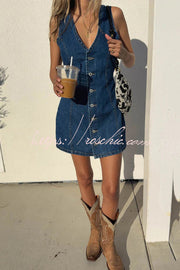 Sleeveless V-Neck Denim Mini Dress with Button & Tie Detail