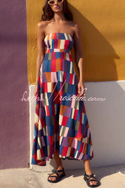 Linen Blend Color Block Strapless Midi Dress