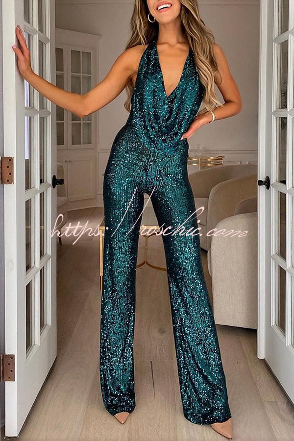 Combinaison à jambes larges et dos nu à sequins – Tenue de soirée