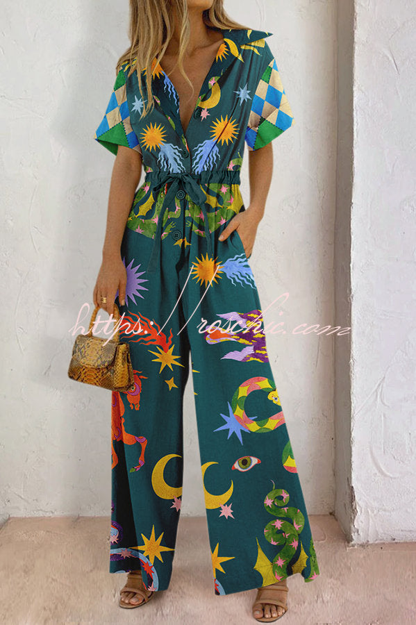 Linen Blend Wide Leg Jumpsuit with Pockets & Shirt Collar