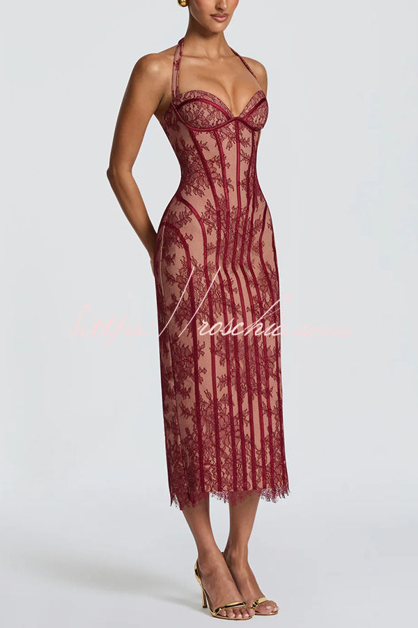 Floral Lace Halter Midi Dress with Lace-Up Open Back