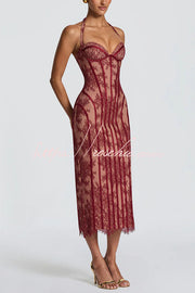Floral Lace Halter Midi Dress with Lace-Up Open Back