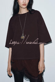 Lace Hem Loose Fit Round Neck Short Sleeve T-Shirt