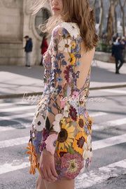 Floral Applique Backless Mini Dress with Long Sleeves