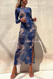 Mesh Overlay Tie Dye Long Sleeve Ruched Midi Dress