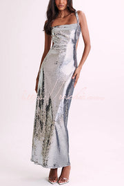 Sequin Backless Maxi Dress – Wide Strap Cutout Waist