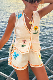 Floral Linen Blend Button Vest & Shorts Set