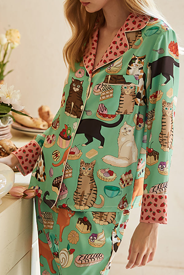 Coffee Cat Print Long Sleeve Two-Piece Lounge Set