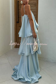 Satin Tiered Maxi Dress – Square Neck Sleeveless A-Line