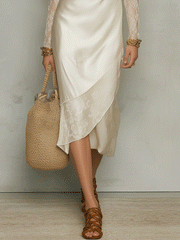 Ivory Satin Midi Dress with Lace Sleeves | Resort Wear