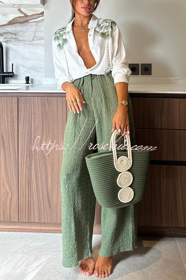 Linen Blend Tropical Print Loose Blouse & Pants Set