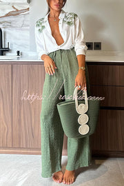 Linen Blend Tropical Print Loose Blouse & Pants Set