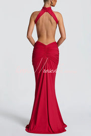 Stretch Slinky Jersey High Neck Ruched Backless Maxi Dress