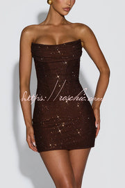 Sequin Pleated Cowl Mini Dress – Strapless Lace-Up Back