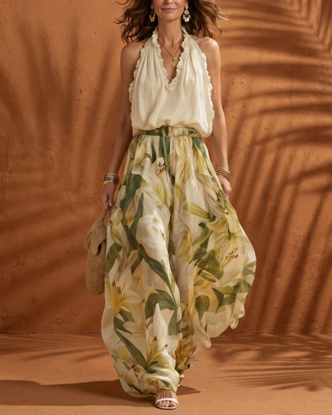 Floral Chiffon Halter Top and Wide Leg Pants Set – Boho Two-Piece