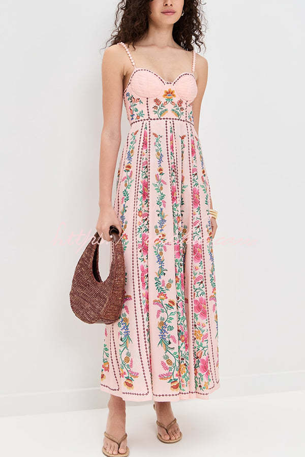 Linen Blend Maxi Dress with Sweetheart Neck & Beaded Straps
