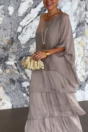 Chiffon Maxi Dress – Loose Tiered Batwing Sleeve Crew Neck