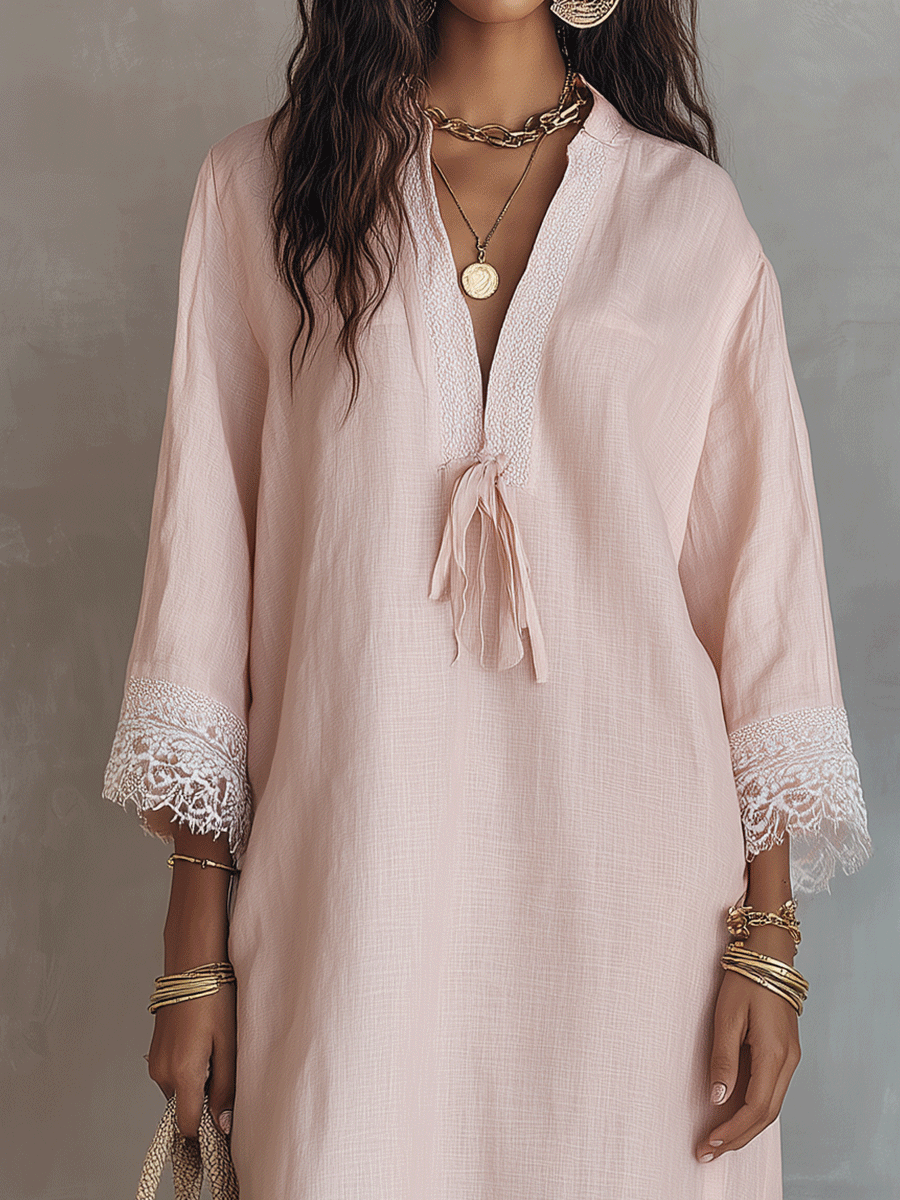 Lace-Trimmed Cotton-Linen Midi Dress | Bohemian Style