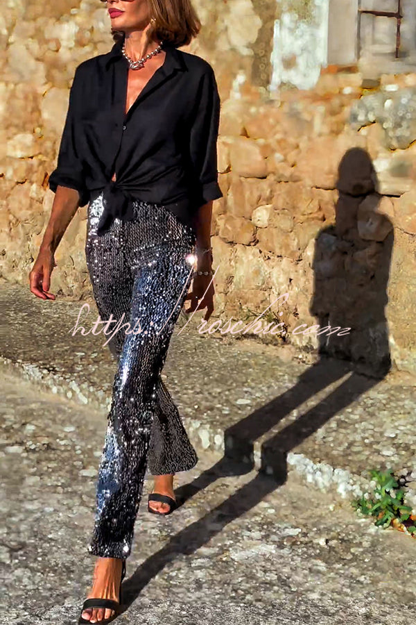 Sequin Flare Pants High Rise Elastic Waist Party
