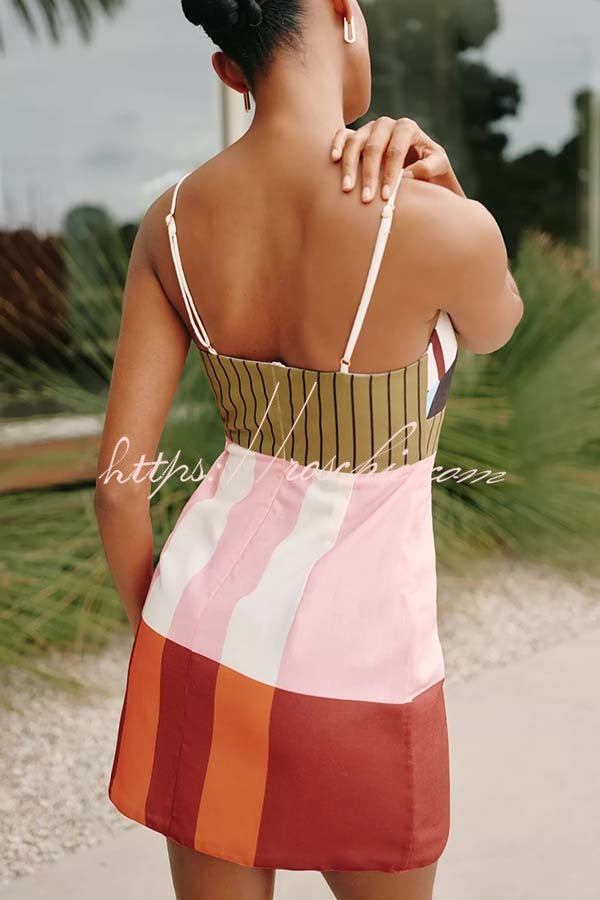 Linen Blend Color Block Mini Dress with Adjustable Straps