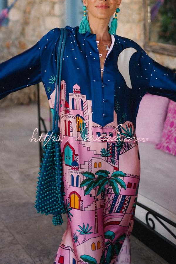 Satin Print Button-Up Kaftan Midi Dress with Long Sleeves