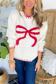 Pull en tricot avec nœud de Noël – Manches longues de couleur contrastée