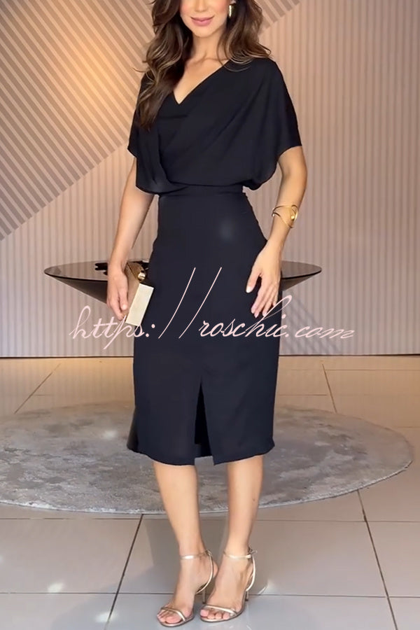 Chiffon Batwing Sleeve Midi Dress with Slit Detail