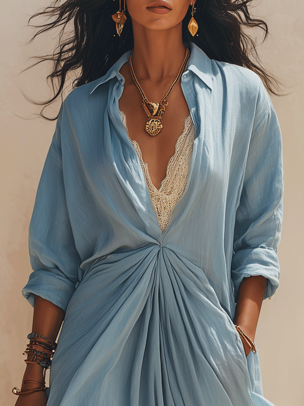 Robe longue bohème à taille torsadée bleu ciel | Vêtements de villégiature