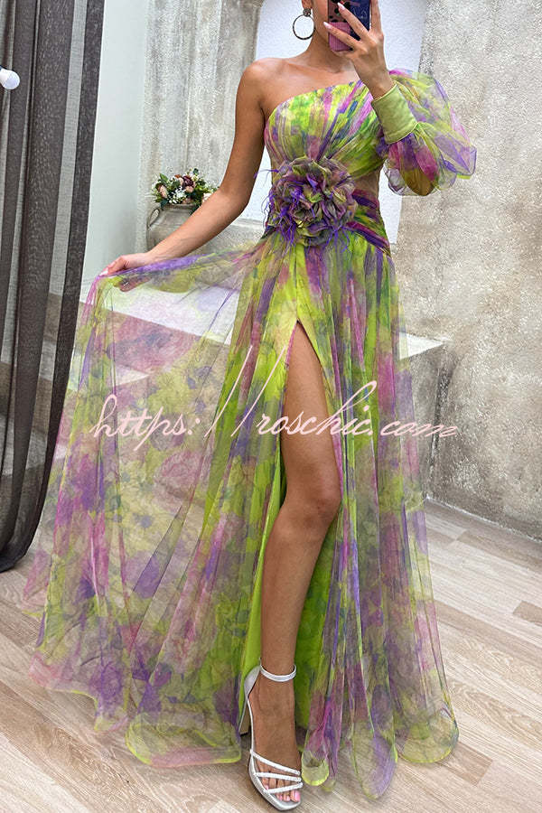 Tulle One-Shoulder Floral Pleated Slit Maxi Dress