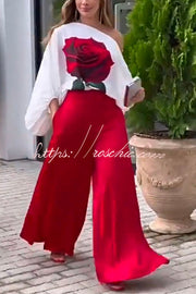 Rose Print Wide Leg Pants Suit with Belted Waist