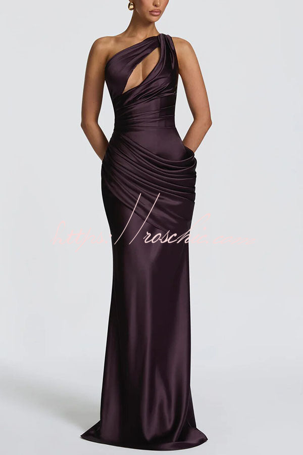 Satin One-Shoulder Maxi Dress with Corset Back Lace-Up