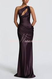 Satin One-Shoulder Maxi Dress with Corset Back Lace-Up