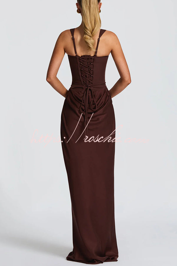 Square Neck Satin Drape Maxi Dress with Lace-Up Back