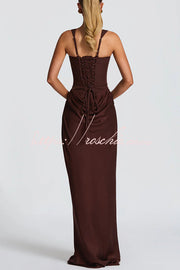 Square Neck Satin Drape Maxi Dress with Lace-Up Back