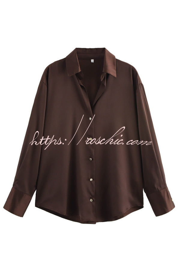 Satin Texture Long Sleeve Loose Shirt | Office Blouse