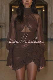 See-Through Tulle High-Neck Mini Dress with Ruffle Detail
