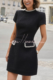 Tweed Pearl Trim Mini Dress with Pockets & Cap Sleeves