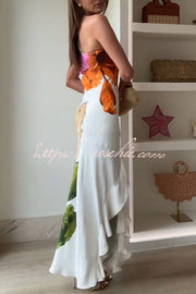 Floral Print One Shoulder Maxi Slip Dress with Side Ruffles