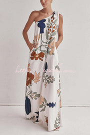 One Shoulder Printed Loose Maxi Dress with Pockets