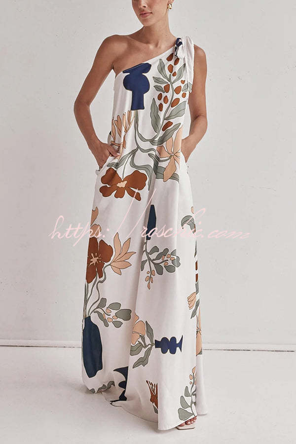 One Shoulder Printed Loose Maxi Dress with Pockets