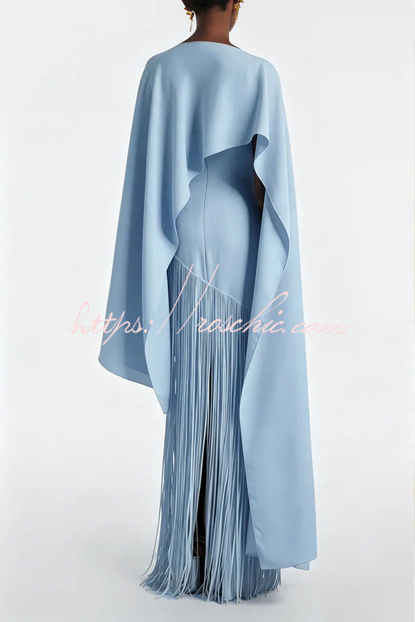 Fringed Hem Maxi Gown with Detachable Shawl Detail