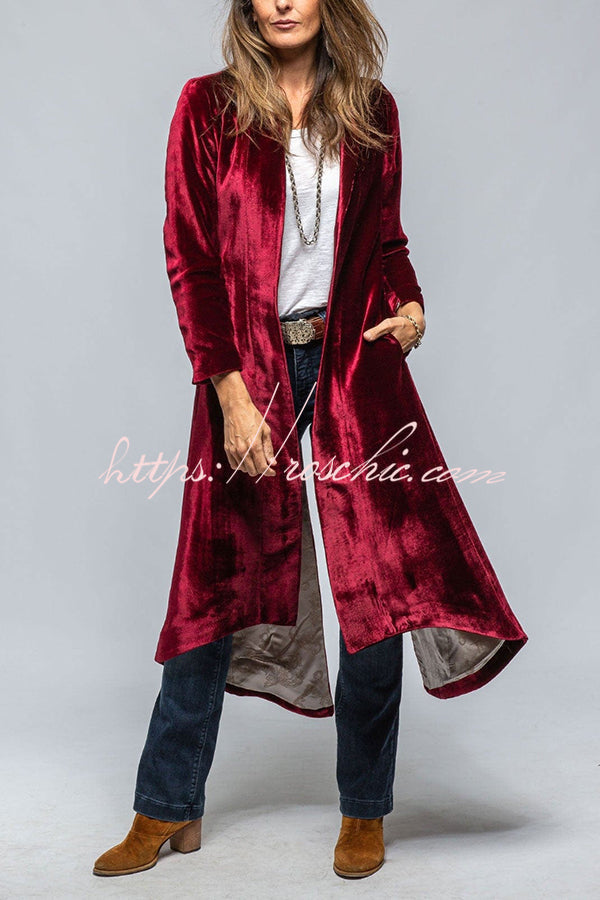 Women's Velvet Long Coat with Pockets and Slit Hem