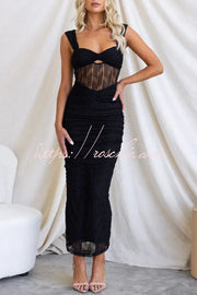 Sweetheart Neck Mesh Ruched Maxi Dress – Sleeveless Party Wear
