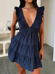 Women's Plain Ruffled Deep V Neck Dress, Casual Breathable Dress for Summer, Women's Clothes for Daily Wear, Womenswear