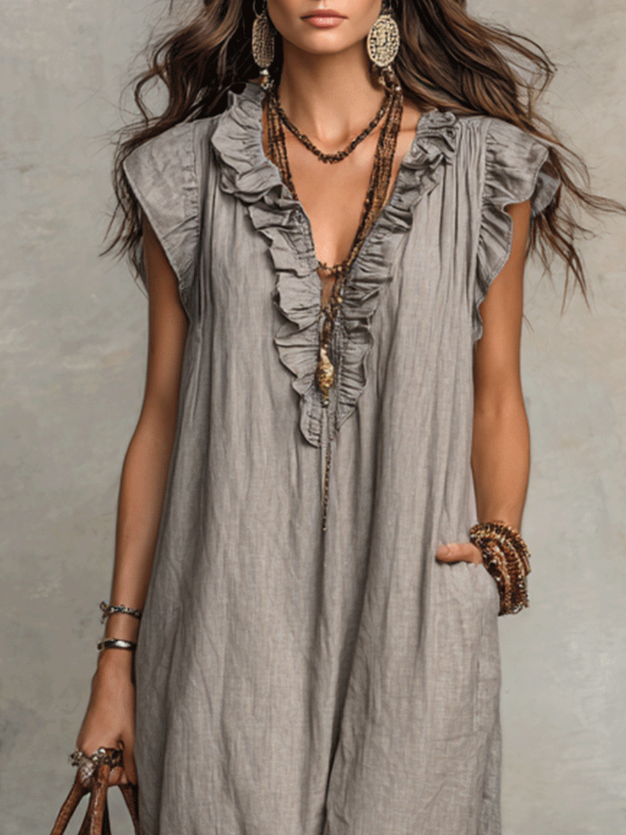Boho Ruffle V-Neck Sleeveless Flowy Maxi Dress