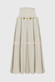 Linen Blend Maxi Skirt with Metal Button & Lace-Up Waist